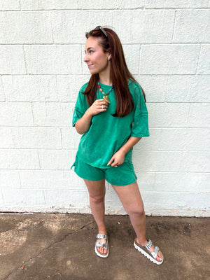 Acid Washed Short Sleeve Tee & Shorts Set Kelly Green