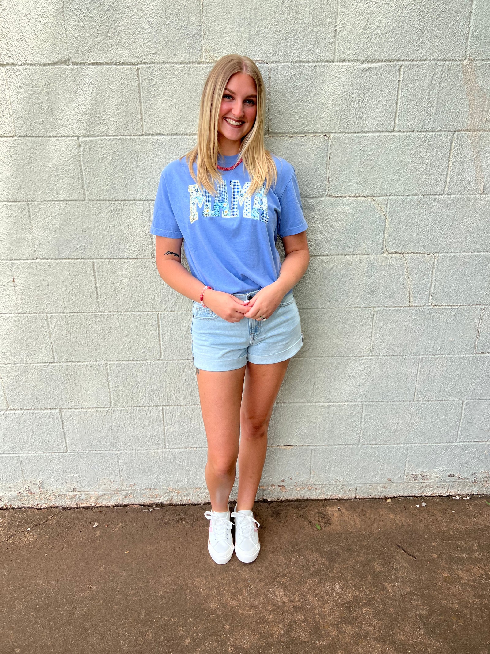 Mama Patchwork Graphic Tee Washed Denim