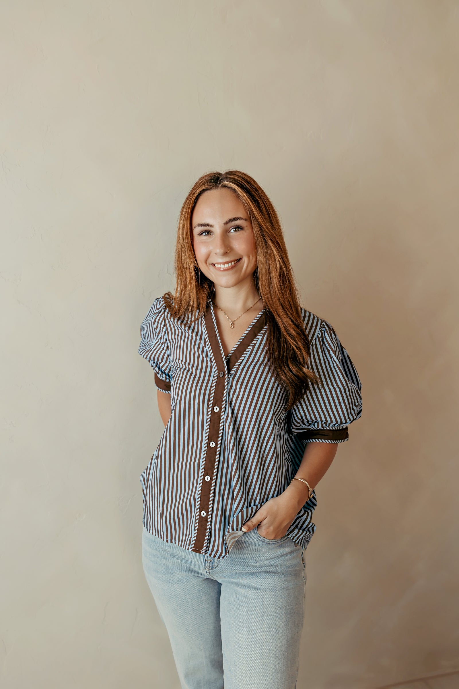 Brown & Blue Button SS Puff Sleeve Blouse