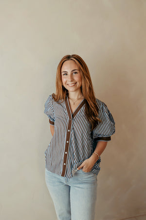Brown & Blue Button SS Puff Sleeve Blouse