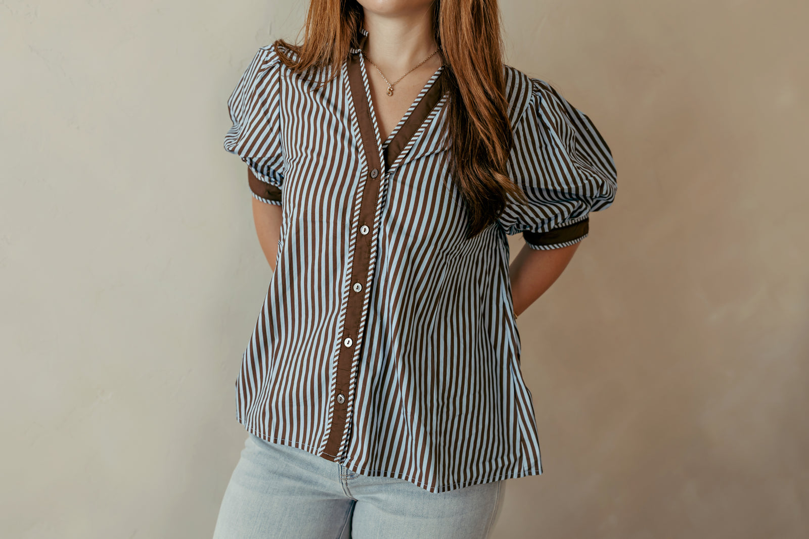 Brown & Blue Button SS Puff Sleeve Blouse
