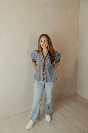 Brown & Blue Button SS Puff Sleeve Blouse