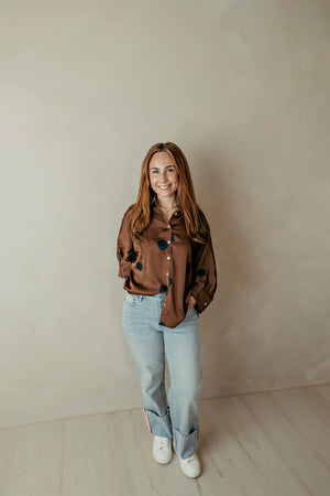 Brown Silky Button Blouse With Black Polka Dots