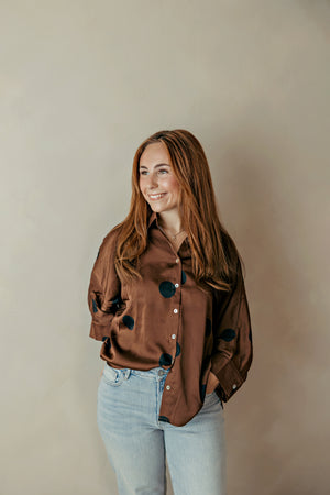 Brown Silky Button Blouse With Black Polka Dots