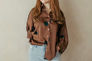 Brown Silky Button Blouse With Black Polka Dots