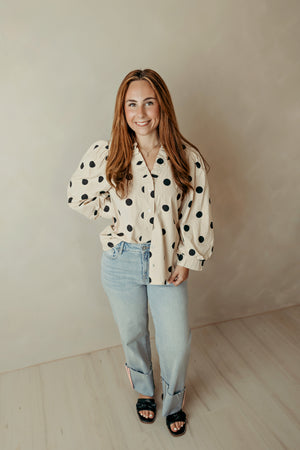 Ruffled Neckline Button Down Top Polka Dot Ivory