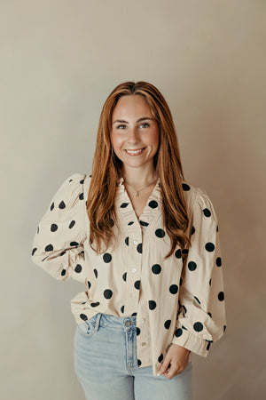 Ruffled Neckline Button Down Top Polka Dot Ivory