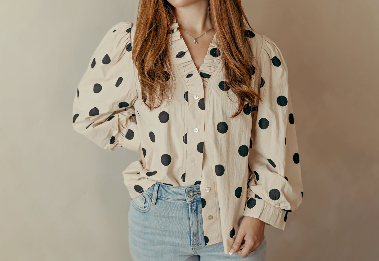 Ruffled Neckline Button Down Top Polka Dot Ivory