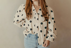 Ruffled Neckline Button Down Top Polka Dot Ivory
