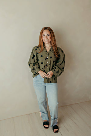 Ruffled Neckline Button Down Top Olive