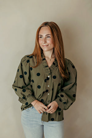 Ruffled Neckline Button Down Top Olive
