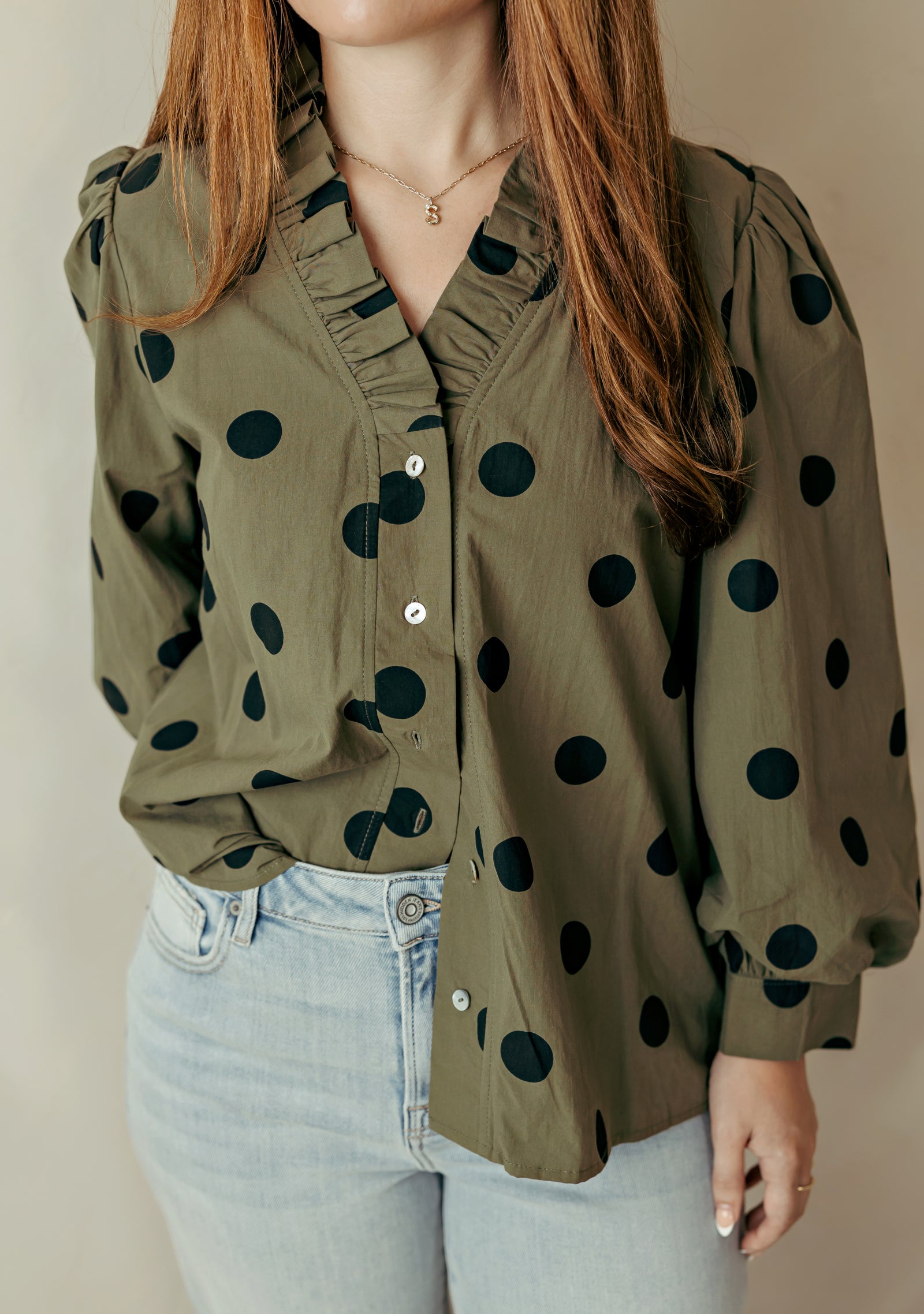 Ruffled Neckline Button Down Top Olive