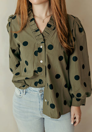 Ruffled Neckline Button Down Top Olive