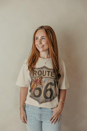 Route 66 Floral Graphic Tee Taupe