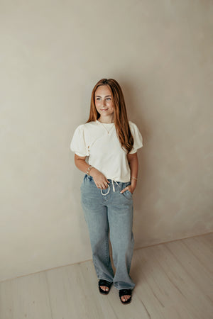 Puff Sleeve V-Stitch Crew Neck Top Cream