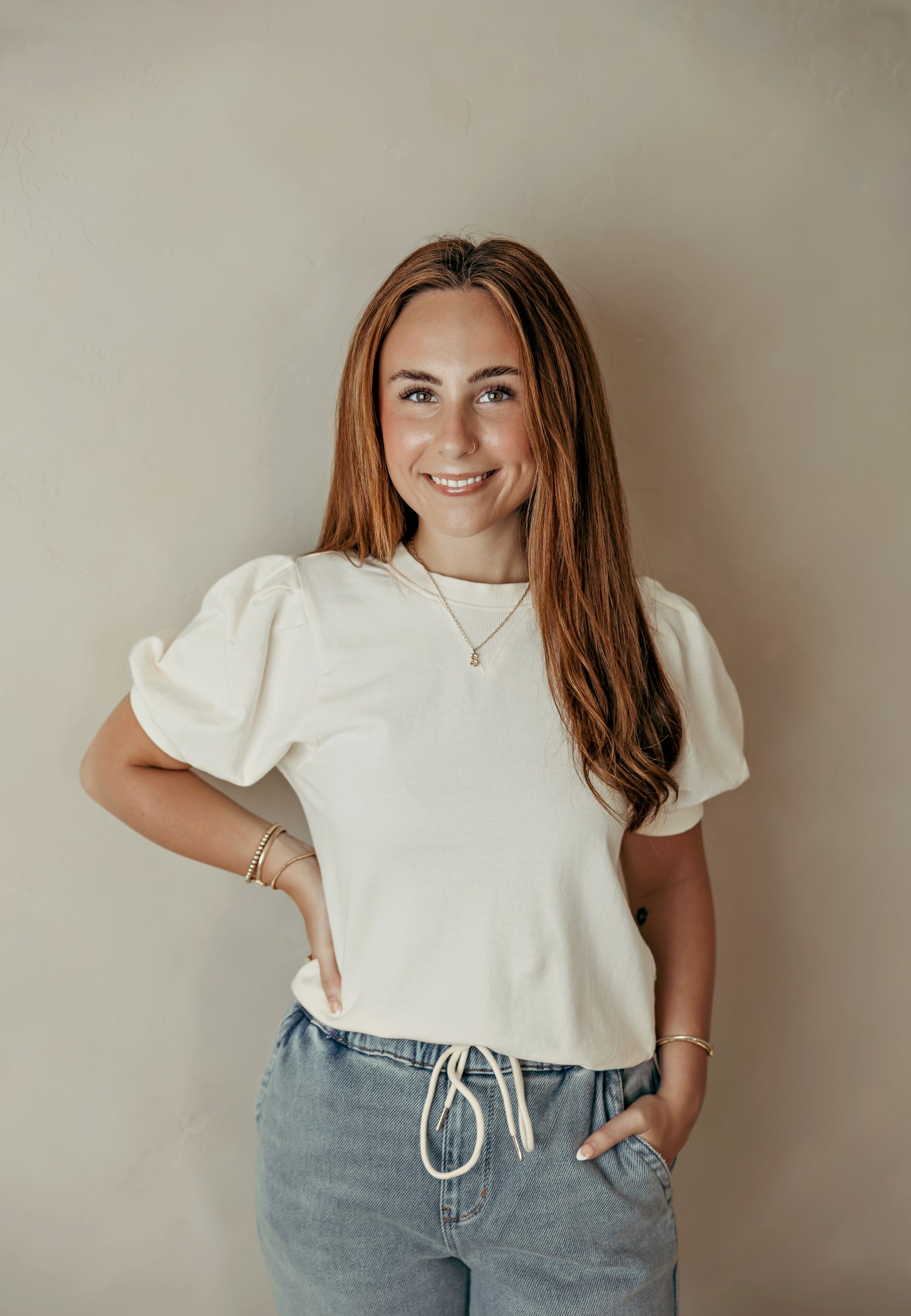 Puff Sleeve V-Stitch Crew Neck Top Cream