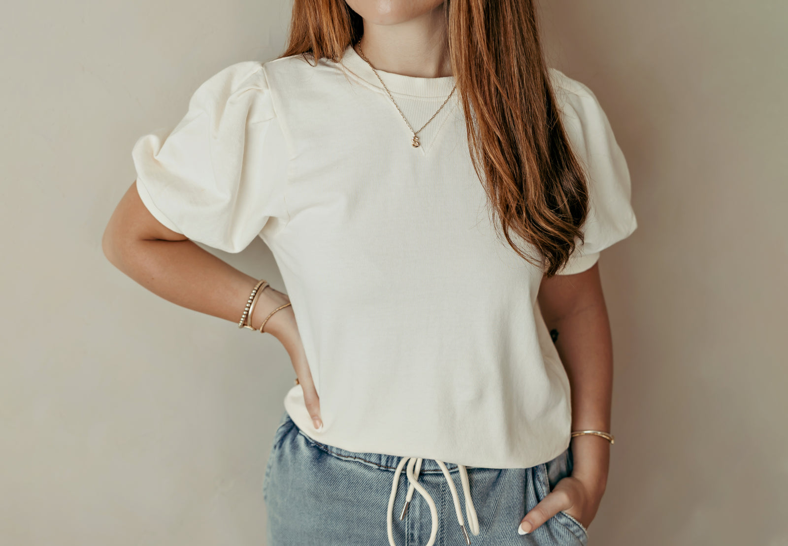 Puff Sleeve V-Stitch Crew Neck Top Cream