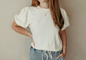 Puff Sleeve V-Stitch Crew Neck Top Cream