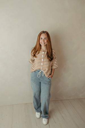 Sand Striped SS Button Sweater