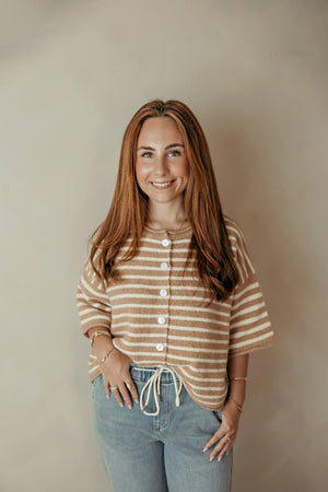 Sand Striped SS Button Sweater