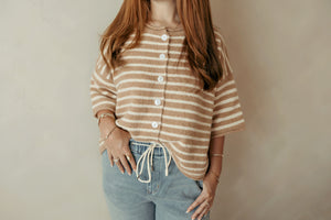 Sand Striped SS Button Sweater