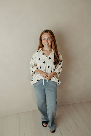 Dolman 1/2 Sleeve Polka Dot Top Ivory