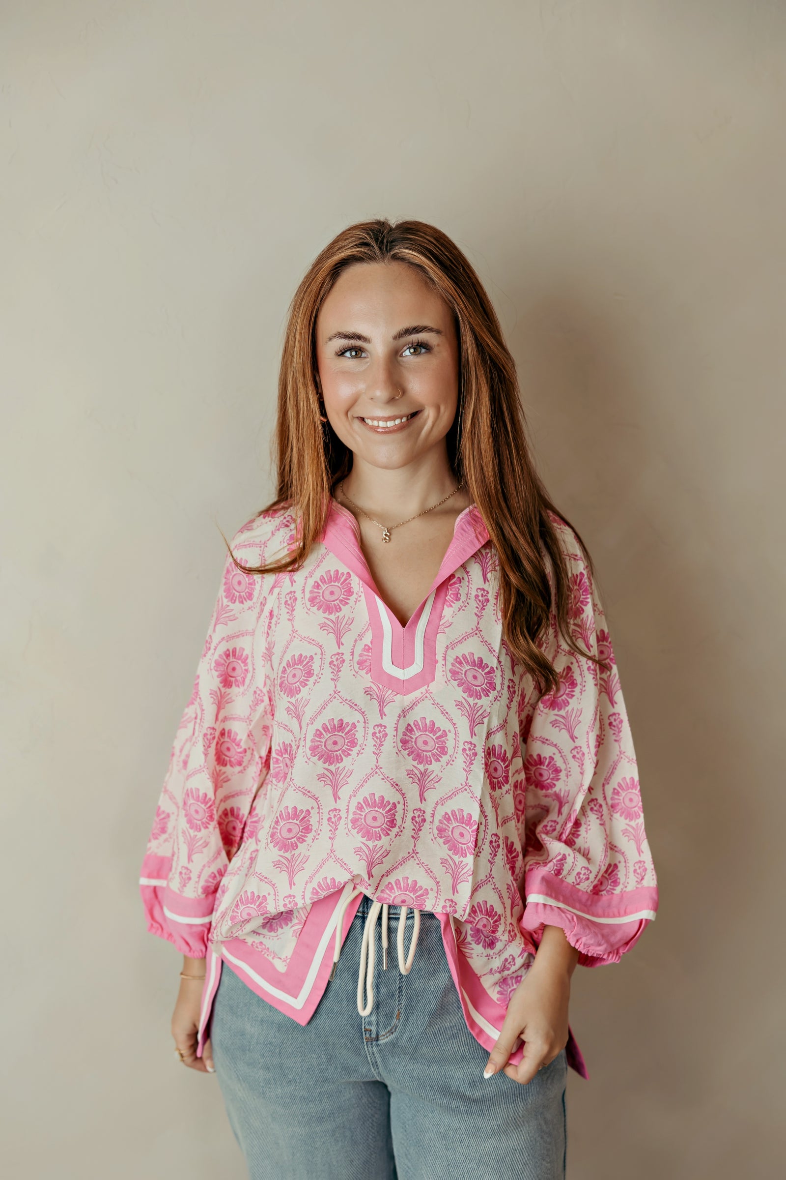 Contrast Detail Boho Top Pink