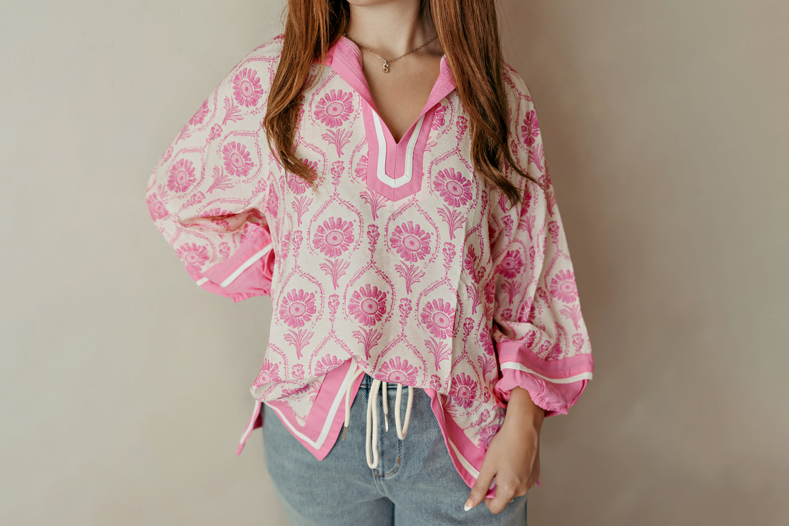 Contrast Detail Boho Top Pink