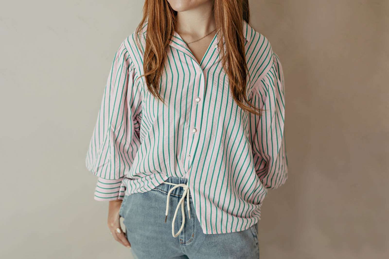 Button Down Textured Stripe Top Pink