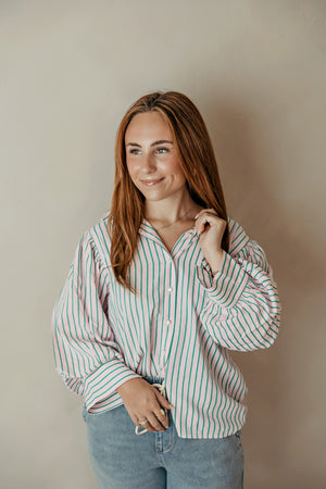 Button Down Textured Stripe Top Pink