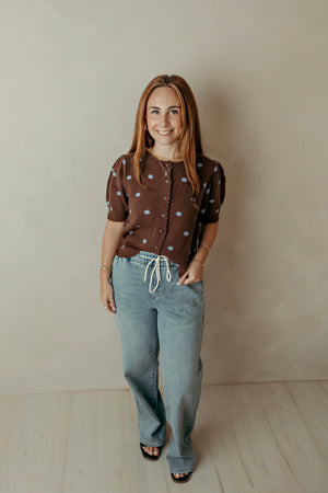 Spotted In Town Polka Dot Puff Sleeve Cardigan Brown