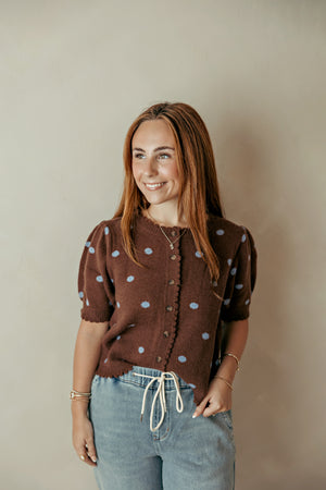 Spotted In Town Polka Dot Puff Sleeve Cardigan Brown
