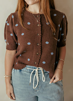 Spotted In Town Polka Dot Puff Sleeve Cardigan Brown