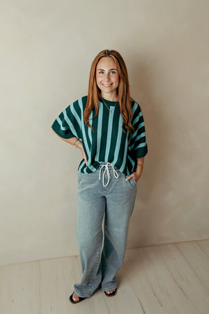 Striped Ribbed Short Sleeve Dolman Top In Green