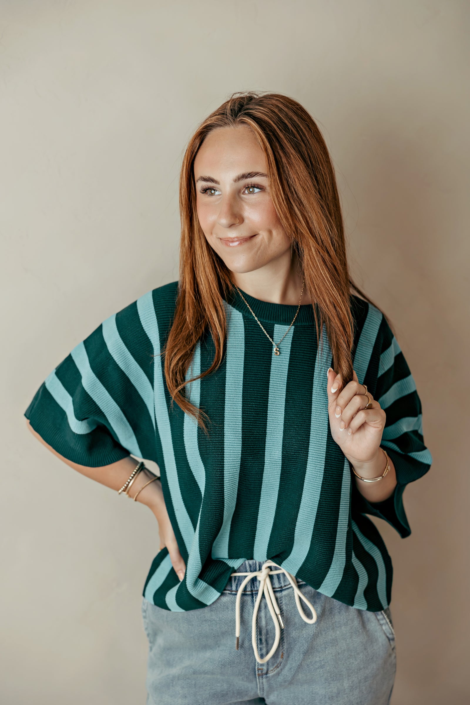 Striped Ribbed Short Sleeve Dolman Top In Green