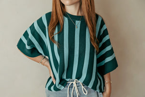 Striped Ribbed Short Sleeve Dolman Top In Green
