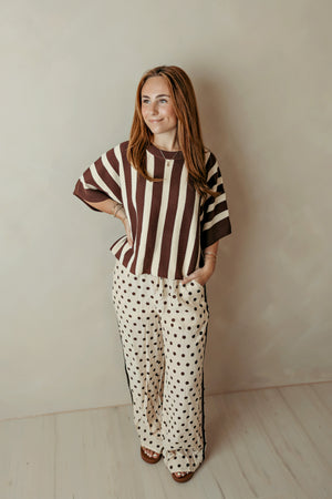 Striped Ribbed Short Sleeve Dolman Top In Burgundy