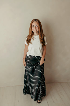 Mermaid Line Polka Dot Satin Maxi Skirt Black