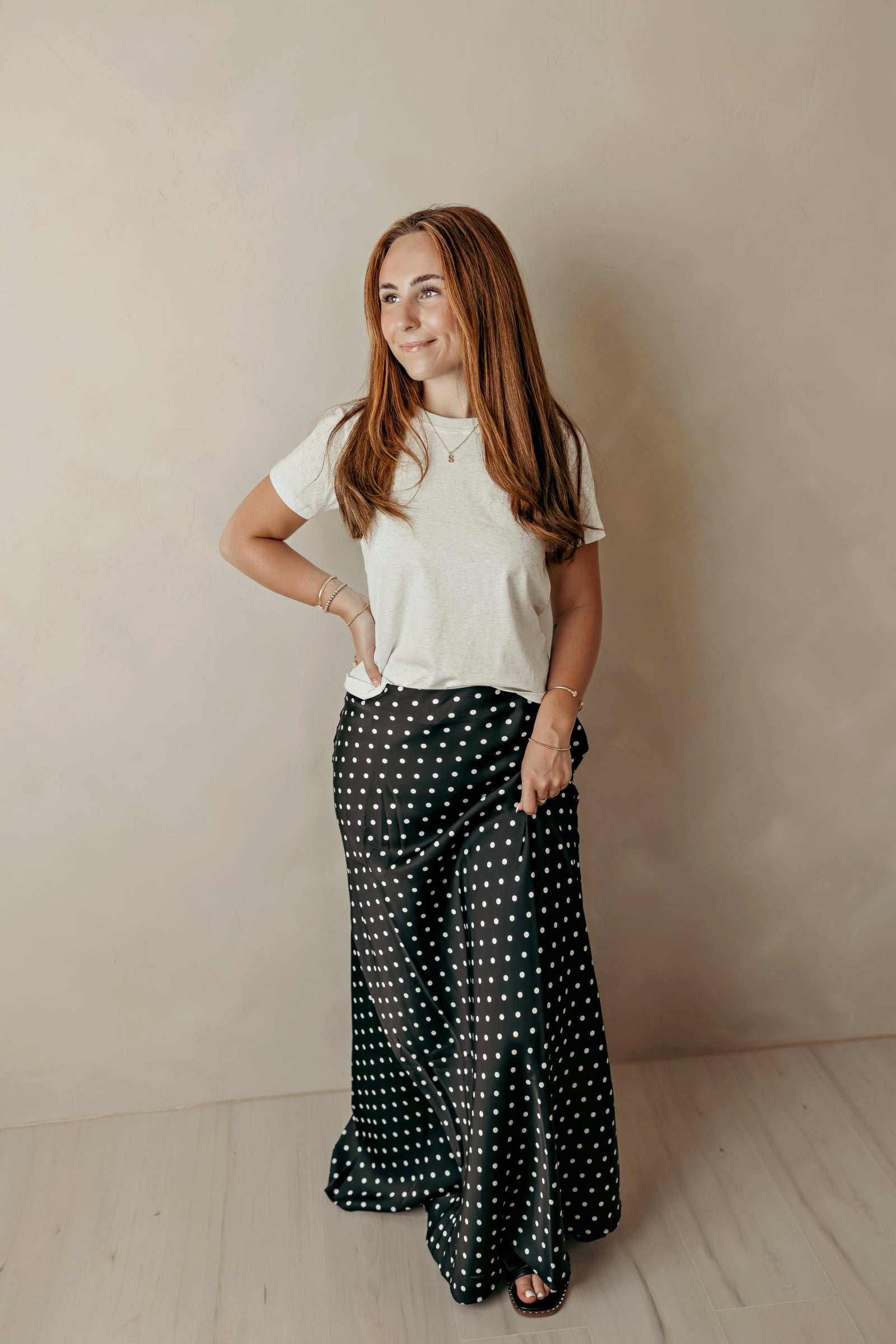 Mermaid Line Polka Dot Satin Maxi Skirt Black