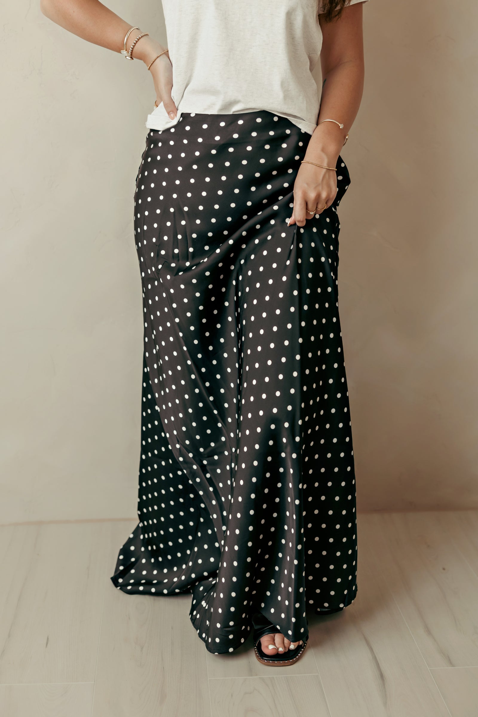 Mermaid Line Polka Dot Satin Maxi Skirt Black