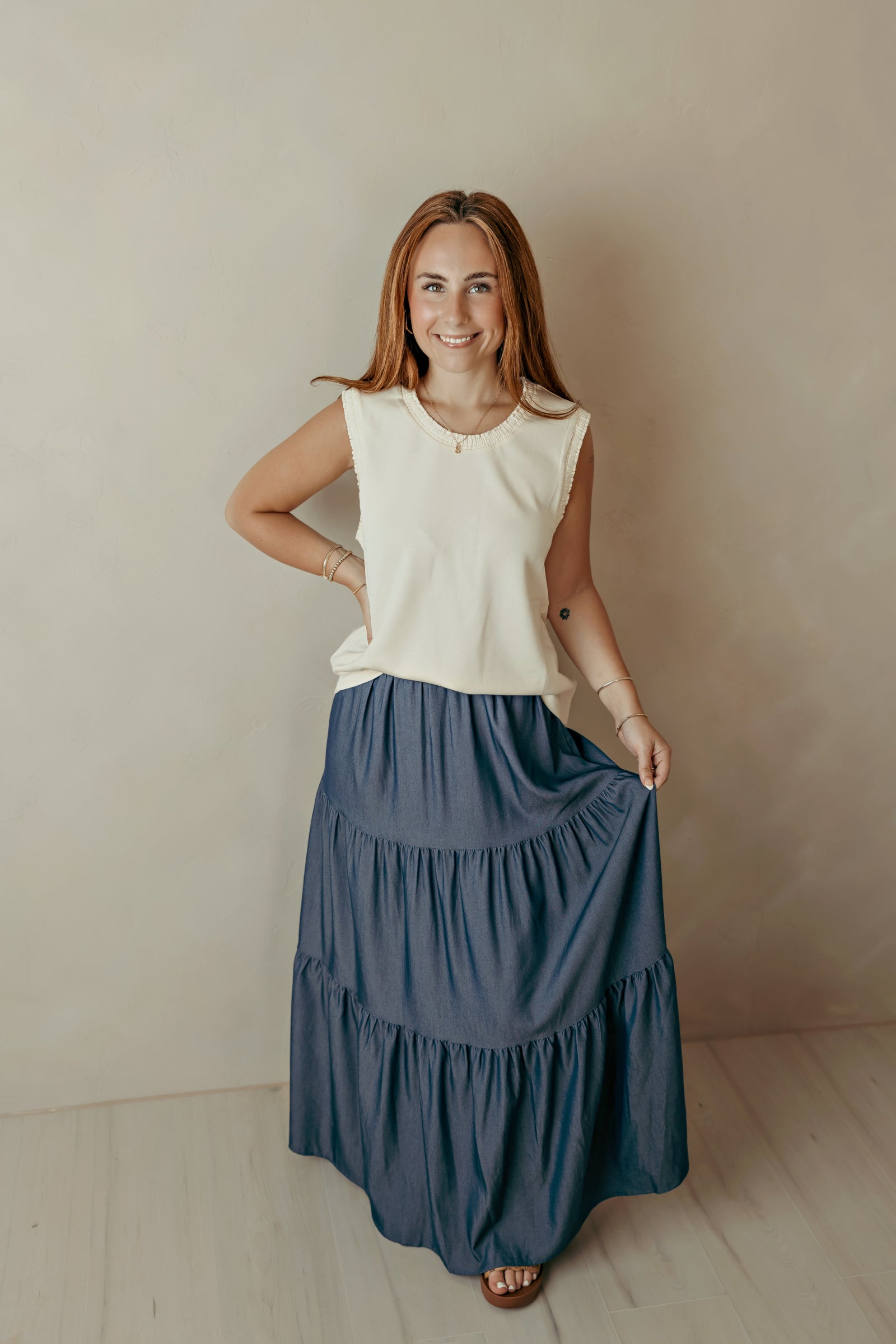 Smocked Edge Casual Tank Top Ivory