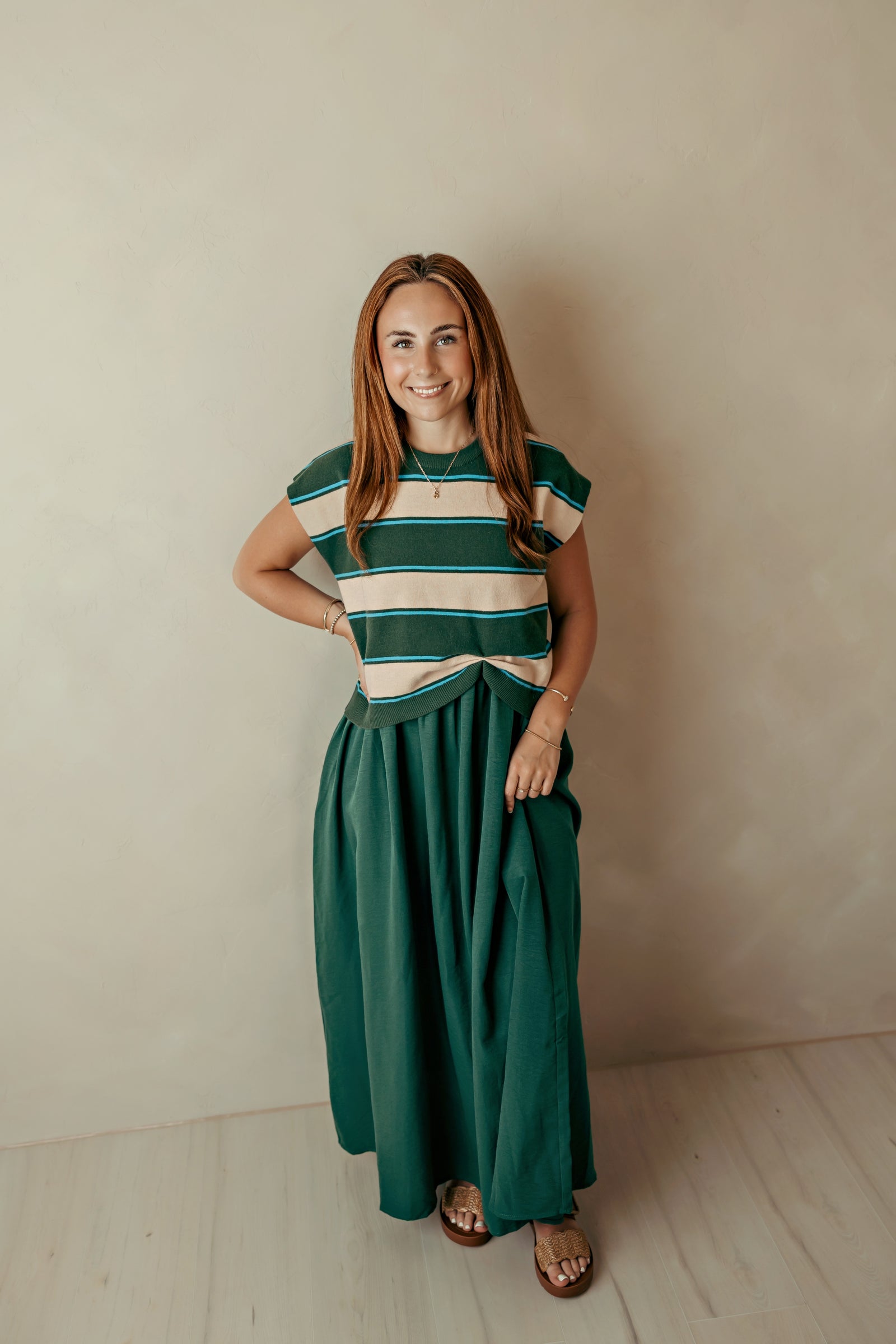 Sleeveless Hunter Green Striped Dress w/ Sweater