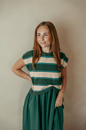 Sleeveless Hunter Green Striped Dress w/ Sweater