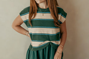 Sleeveless Hunter Green Striped Dress w/ Sweater