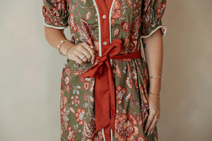 Olive & Burgundy Floral Long Puff Sleeve Dress