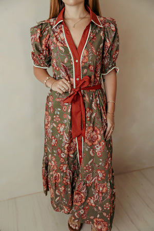 Olive & Burgundy Floral Long Puff Sleeve Dress