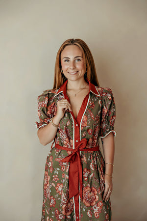 Olive & Burgundy Floral Long Puff Sleeve Dress