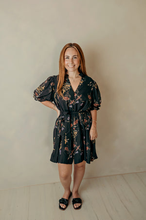 Black Wildflower Puff Sleeve Tie Dress