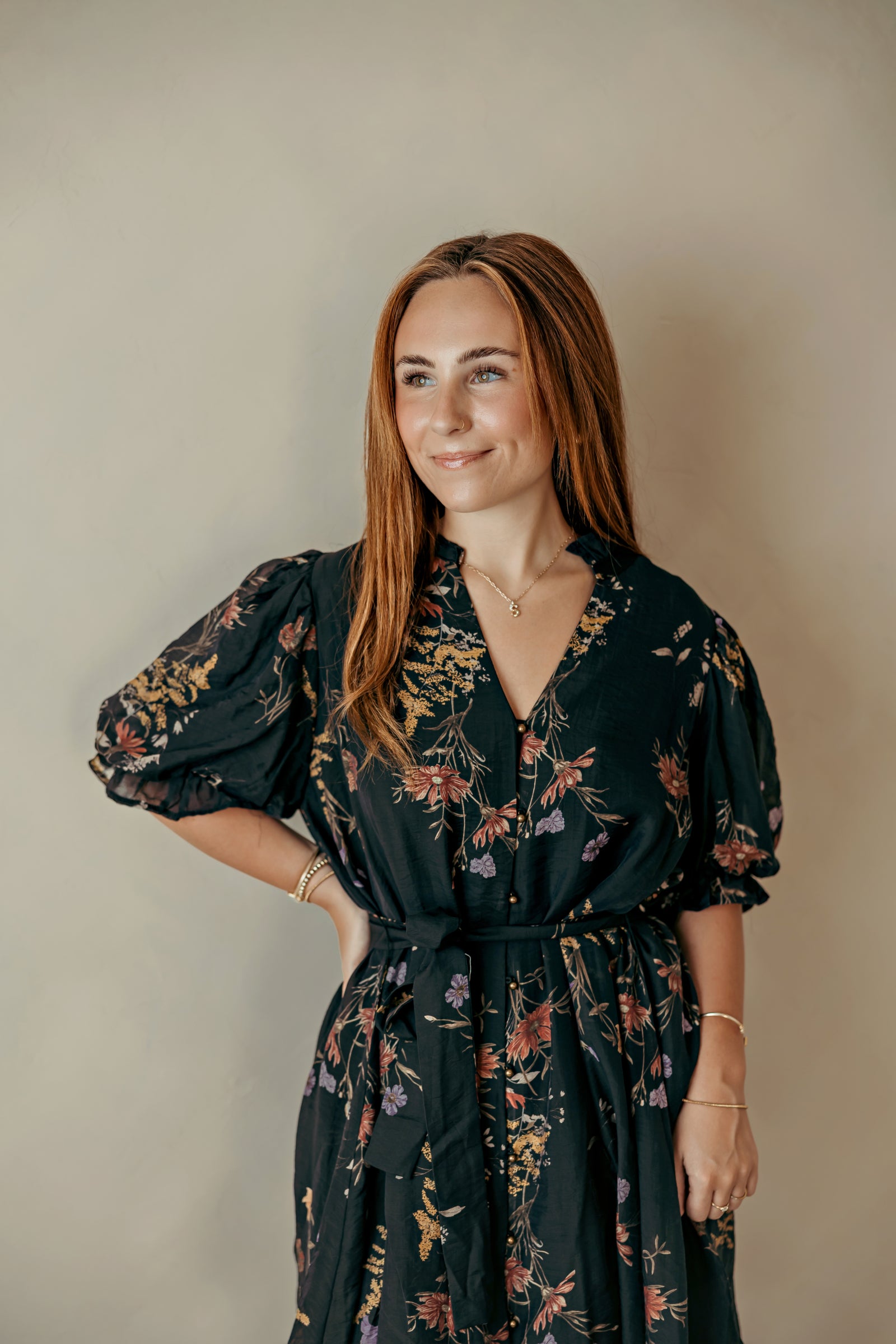 Black Wildflower Puff Sleeve Tie Dress