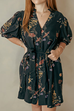 Black Wildflower Puff Sleeve Tie Dress
